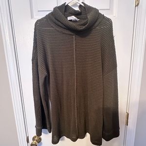 Lime Lush Dark Olive Waffle Knit Long Sleeve Top with Cowl Neckline